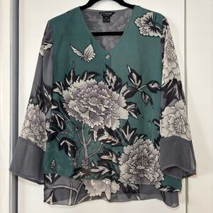 Citron Santa Monica Women's Silk Floral Button Up Blouse Teal Gray Size Medium